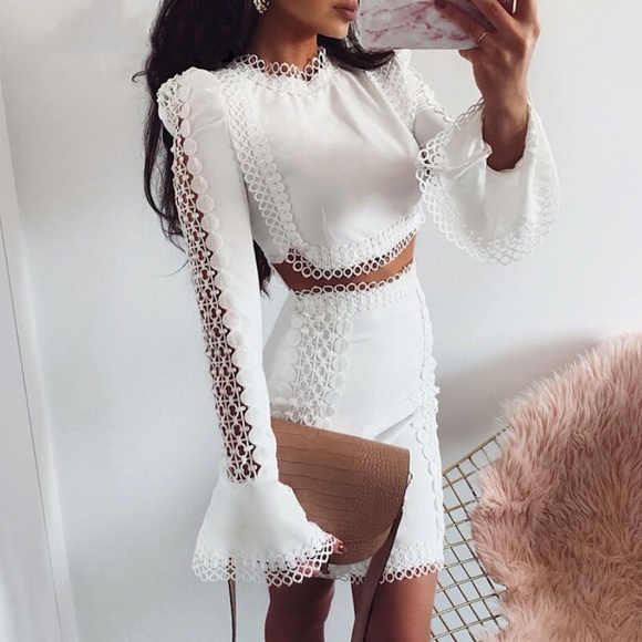 White 2 Piece Guipure Detail Skirt Set - Picture 2 of 16